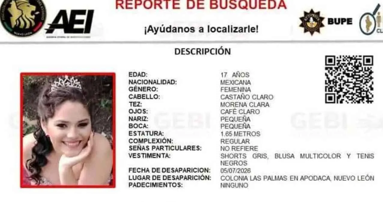 Activan búsqueda de menor desaparecida en Apodaca, Nuevo León